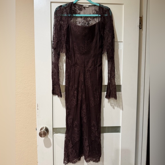House of CB Dark Brown Lace Long Sleeve Midi Dress - Picture 3 of 11